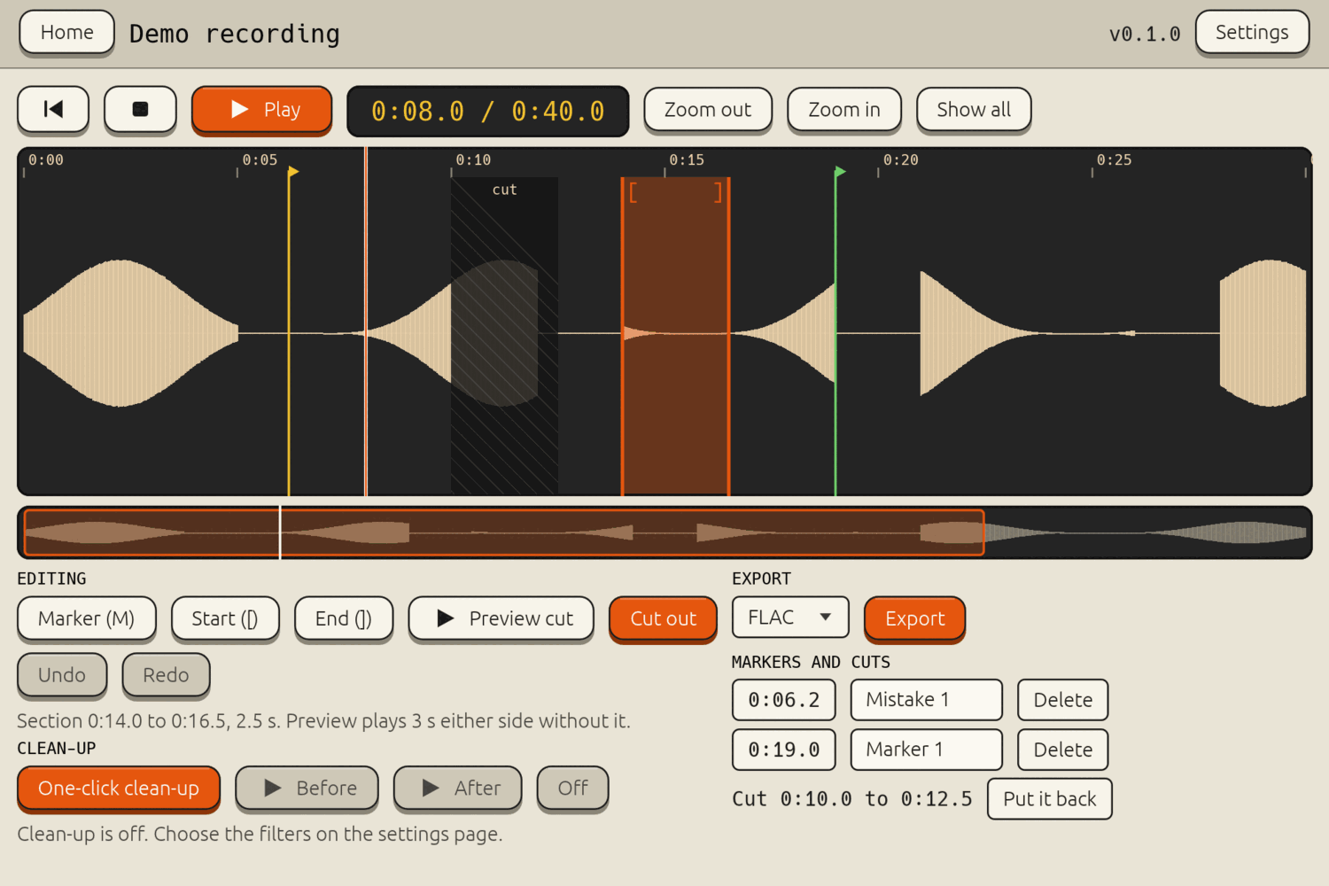 The editing screen: a zoomable waveform with a cut, two markers and a selected section, and buttons for editing, clean-up and export.