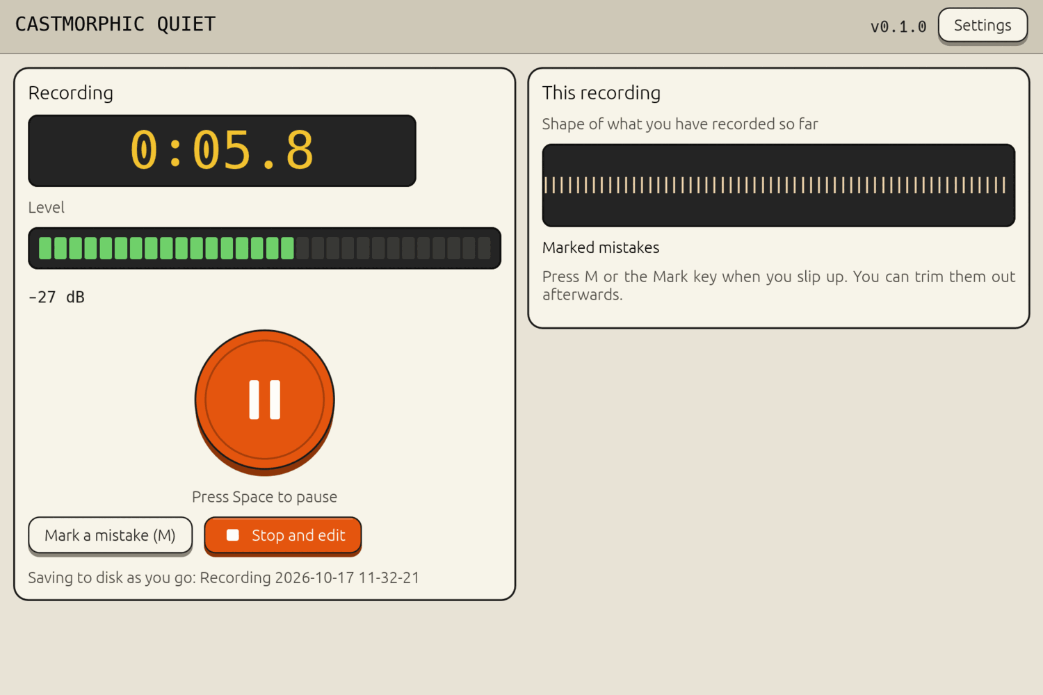 The recording screen with a timer, a lamp level meter, a large round pause button and a list of marked mistakes.