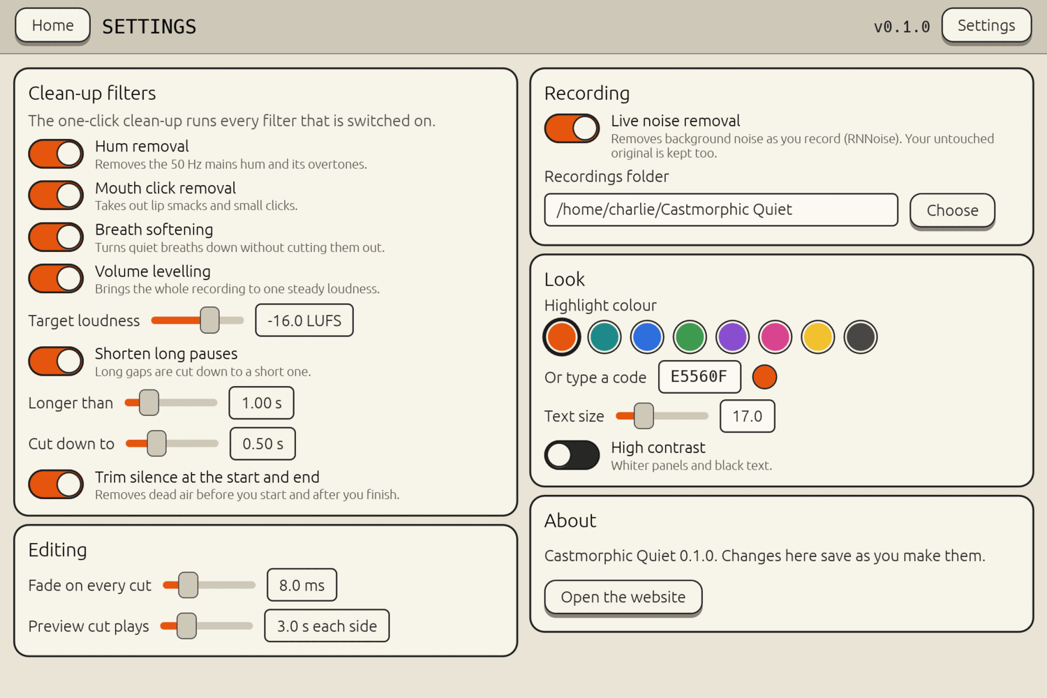 The settings page with a switch for each clean-up filter, loudness and pause sliders, and highlight colour choices.